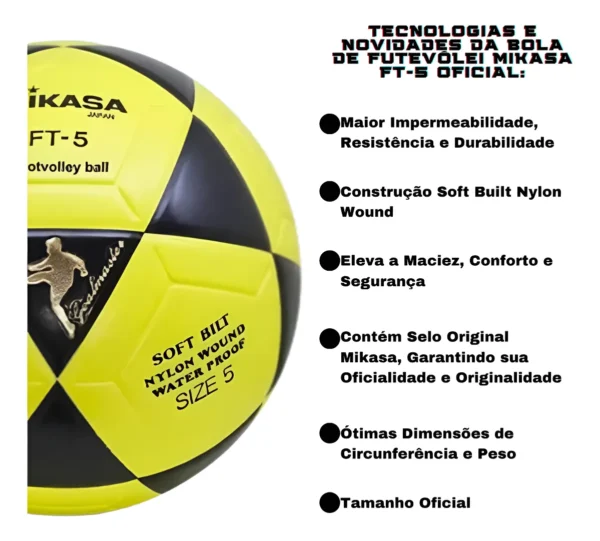 Bola Oficial De Futevôlei Mikasa Ft-5 Amarela E Preta - Imagem 7