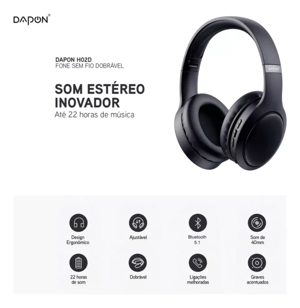 Fone De Ouvido Headphone Dapon H02d Bluetooth 5.1 Com Microfone Cor Preto - Imagem 7