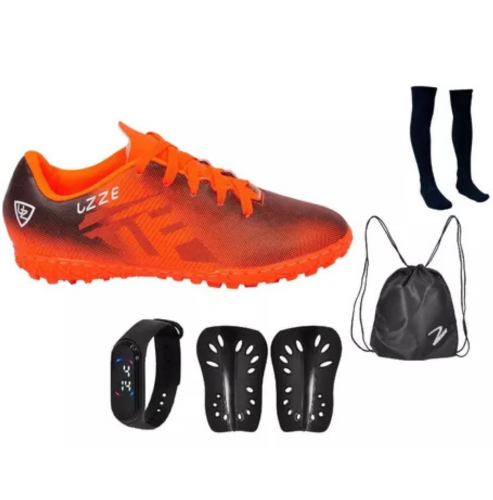Kit Chuteira Society Uz + Meião Caneleira Mochila Relógio Infantil