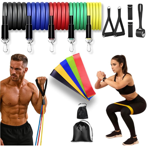 Kit 17 Peças Elástico Extensor + Miniband Treino Em Casa Exercício Físico Academia Fisioterapia Musculação Crossfit Pilates Yoga Aquecimento Funcional Alongamento Malhar Emagrecimento