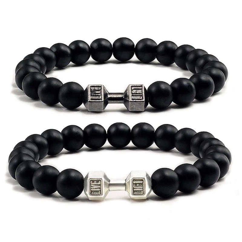 20g Ginásio Fitness Beaded Pulseira Unisexo Pedra Matte Dumbbell Fashion Men Pulseiras Punk Ajustável