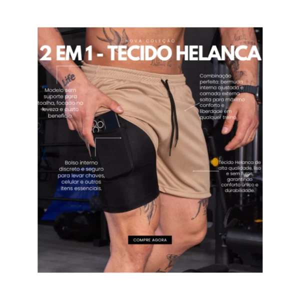 Short Calção Bermuda RUN 2 Em 1 Masculina Academia Corrida Treino Com Compreensão - Imagem 2