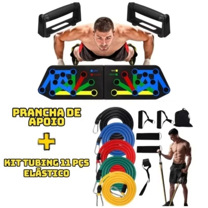 Apoio para Flexão prancha de braço treino livre exercicios costas ombro + Kit 11 elástico extensor exercícios