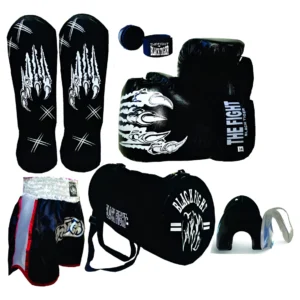Kit Muay Thai Luva+ bandagem + bucal + caneleira + short + bolsa