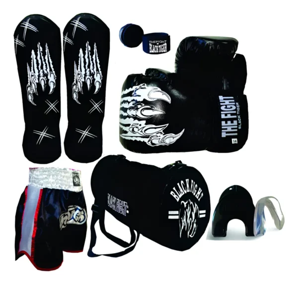 Kit Muay Thai Luva+ bandagem + bucal + caneleira + short + bolsa