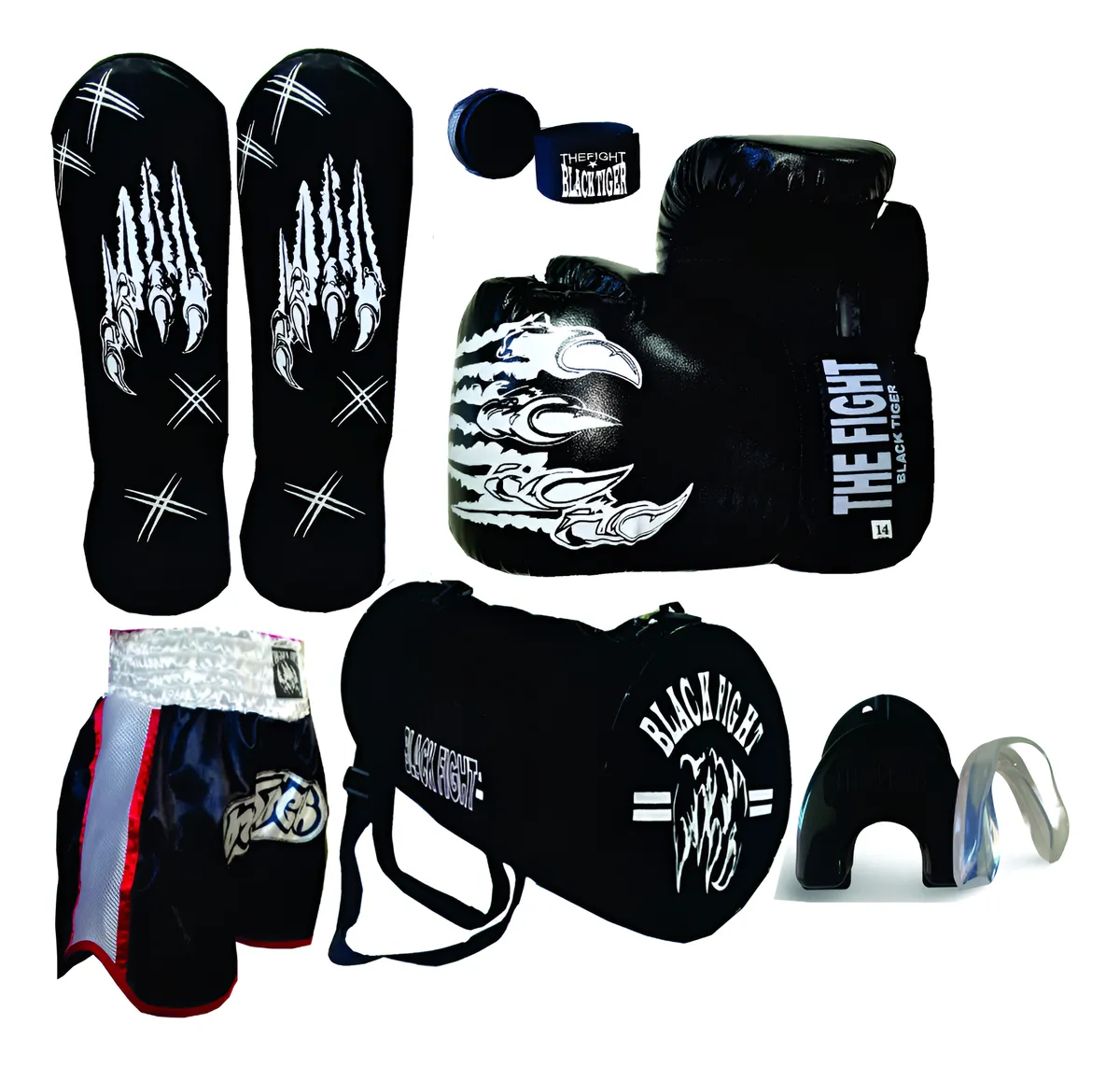 Kit Muay Thai Luva+ bandagem + bucal + caneleira + short + bolsa