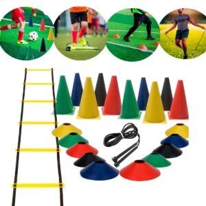 Kit Funcional Escada + Corda + 10 Pratos + 10 Cones Treino, Cones Academia, Chapéu Chinês, Escada de Agilidade, Corda de Pular, Kit Musculação, Kit Futebol, Treino Futebol