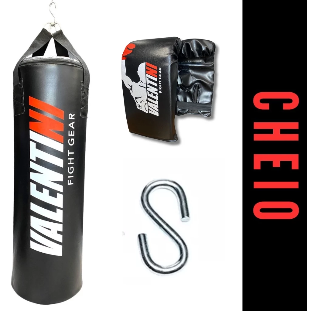 Saco de Pancada VALENTINI 70 cm CHEIO – Treino Boxe Muay Thai + 1 PAR DE LUVA BATE SACO